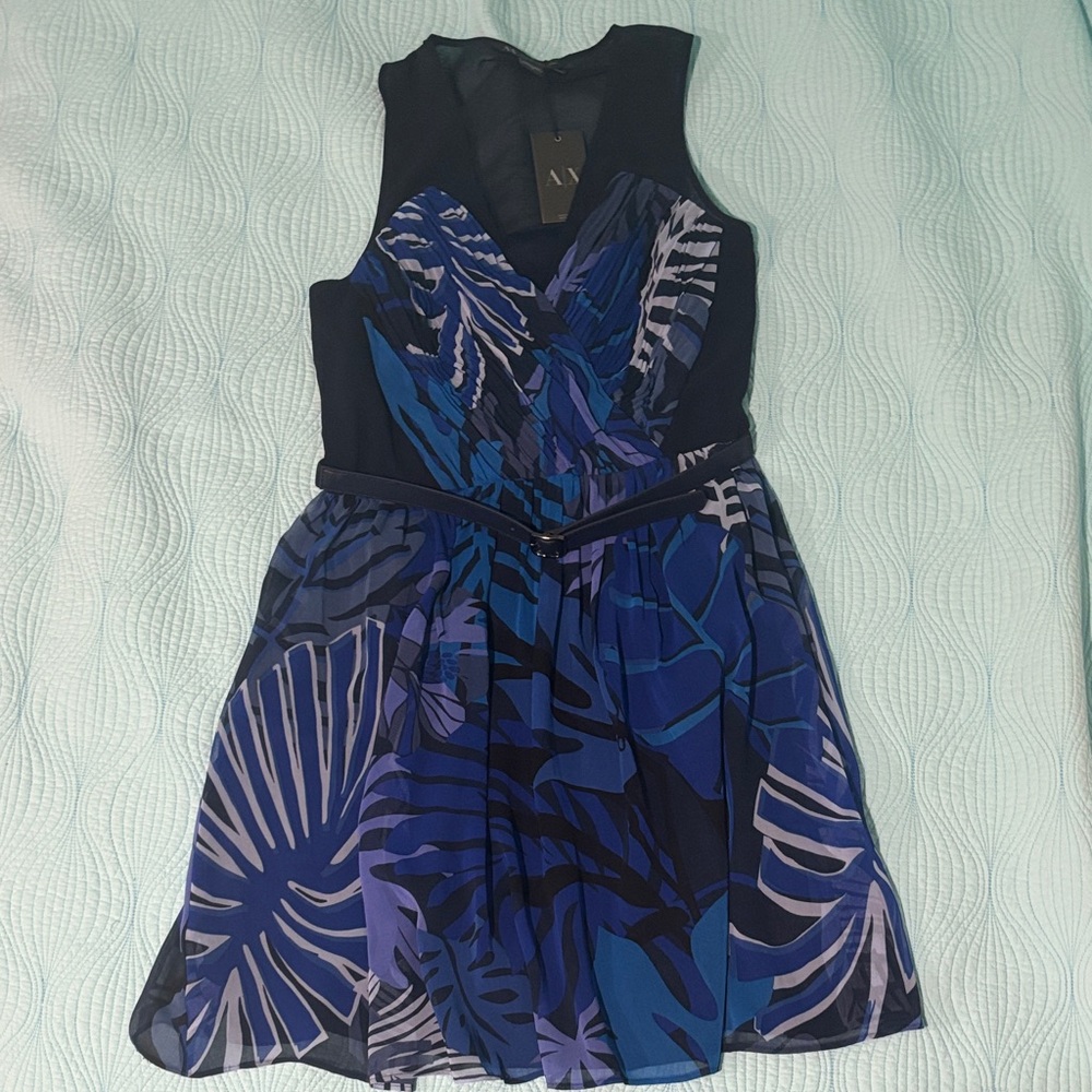 Armani Exchange Blue Palm Leaves Printed Dress with Removable Belt